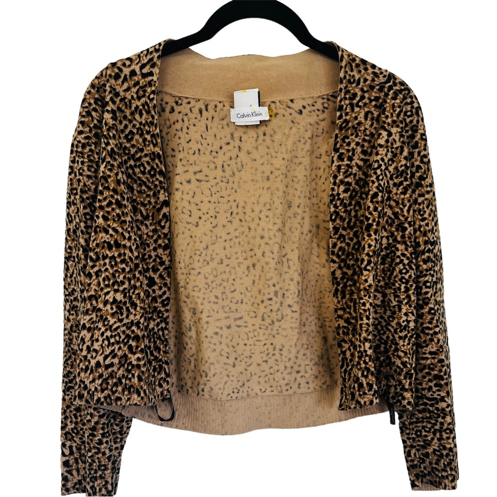 Calvin Klein Cropped Leopard Print Open-Front Cardigan | Size Medium